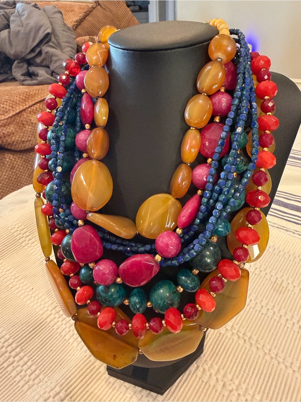 Vibrant Multistrand Beaded Necklace in Mustard, Pink & Blue